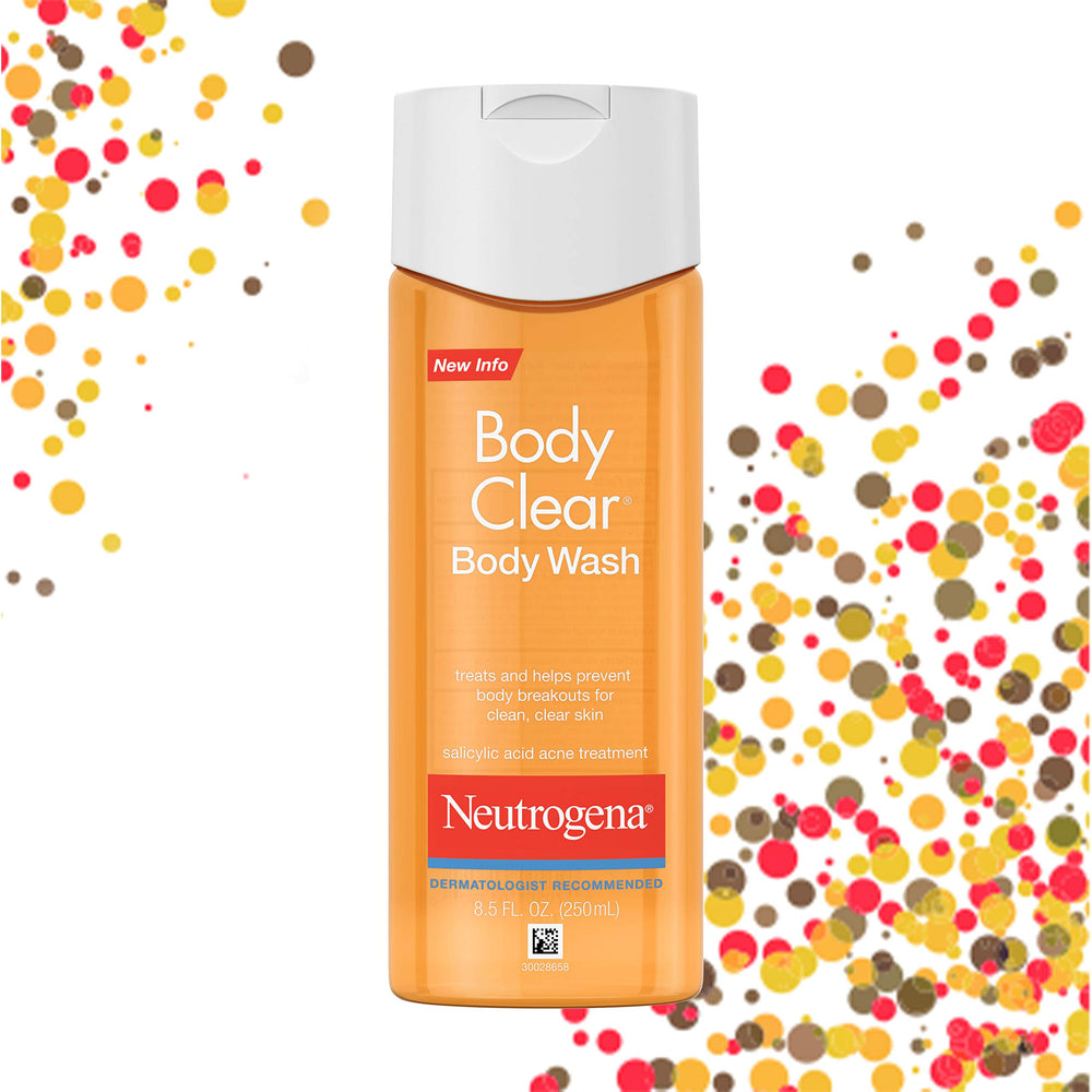 Neutrogena Body Clear bottle photo emphasizes unscented formula and daily use.