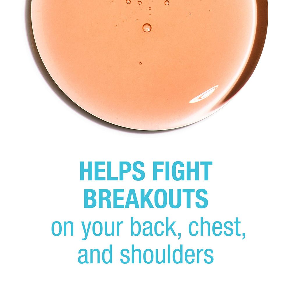 Neutrogena Body Clear chest shot highlights 2% salicylic acid for targeted cleaning.
