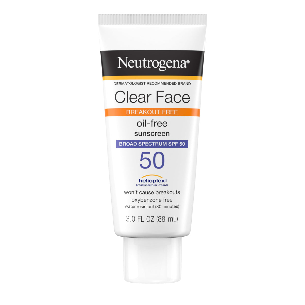 Protector solar Neutrogena Clear Face, bote, protección SPF 50 sin grasa para piel grasa.
