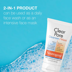 Neutrogena Clear Pore 2-in-1 benzoyl peroxide dose close-up highlights acne treatment capability.