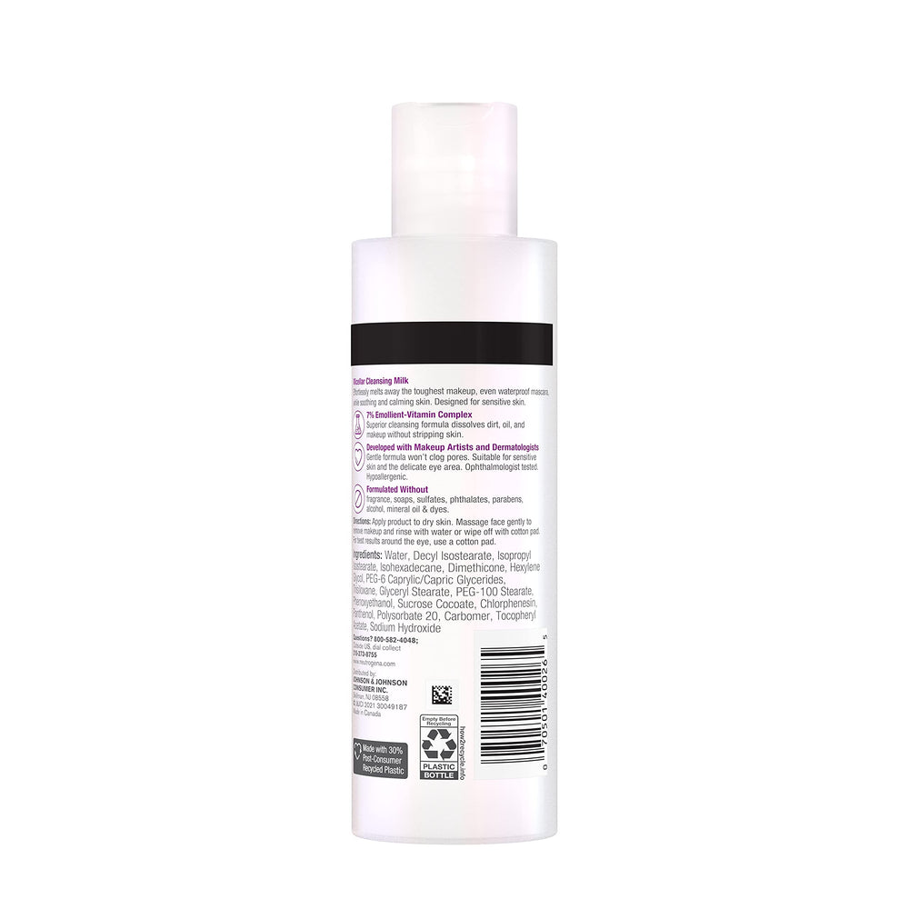 Neutrogena Leche Micelar Desmaquillante, para piel seca, deja sensación suave.