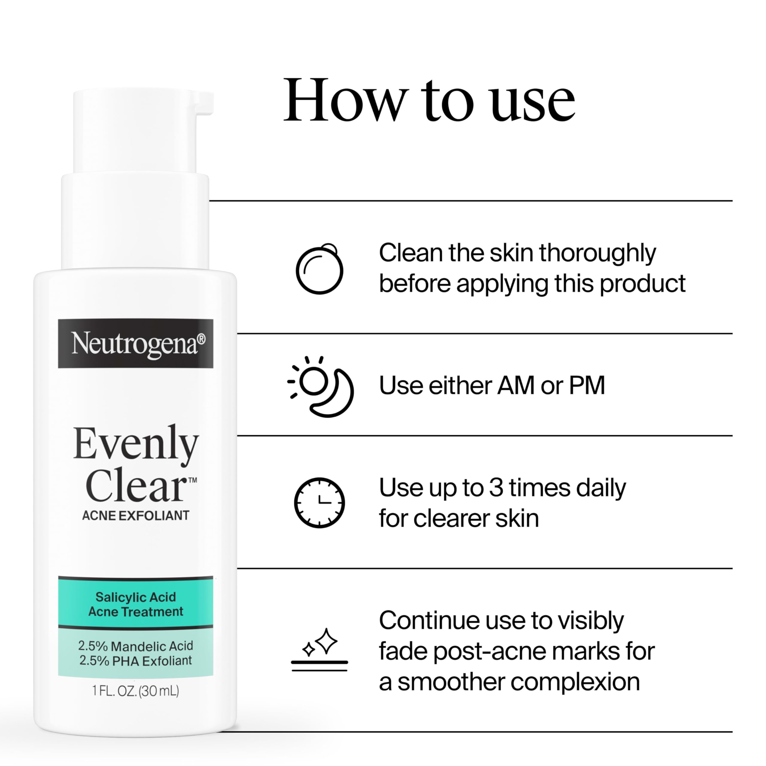 Neutrogena Evenly Clear Exfoliante, ayuda a clarificar la piel sin fragancia.