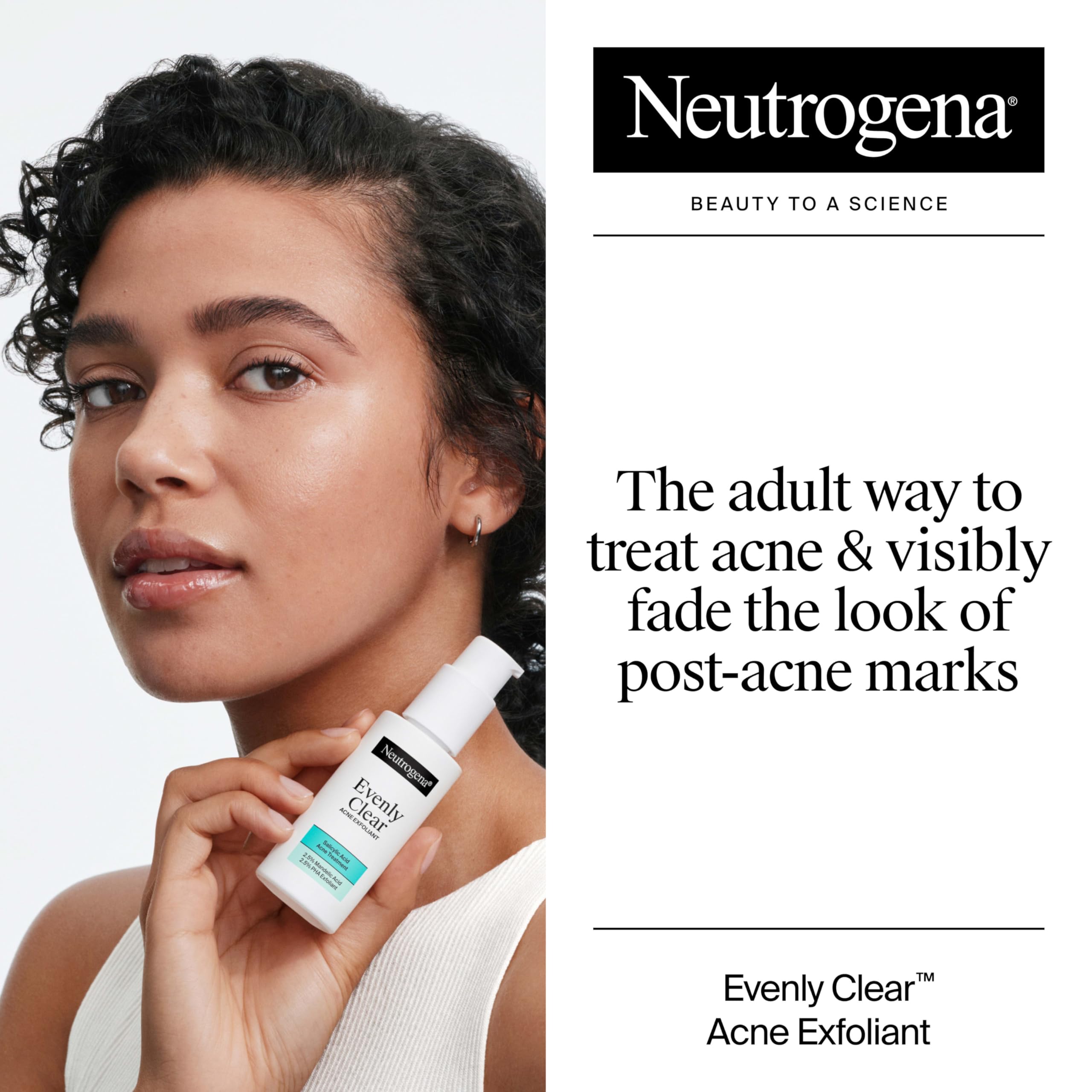 Neutrogena Evenly Clear Exfoliante, textura sin fragancia, ideal para piel sensible y uso diario.