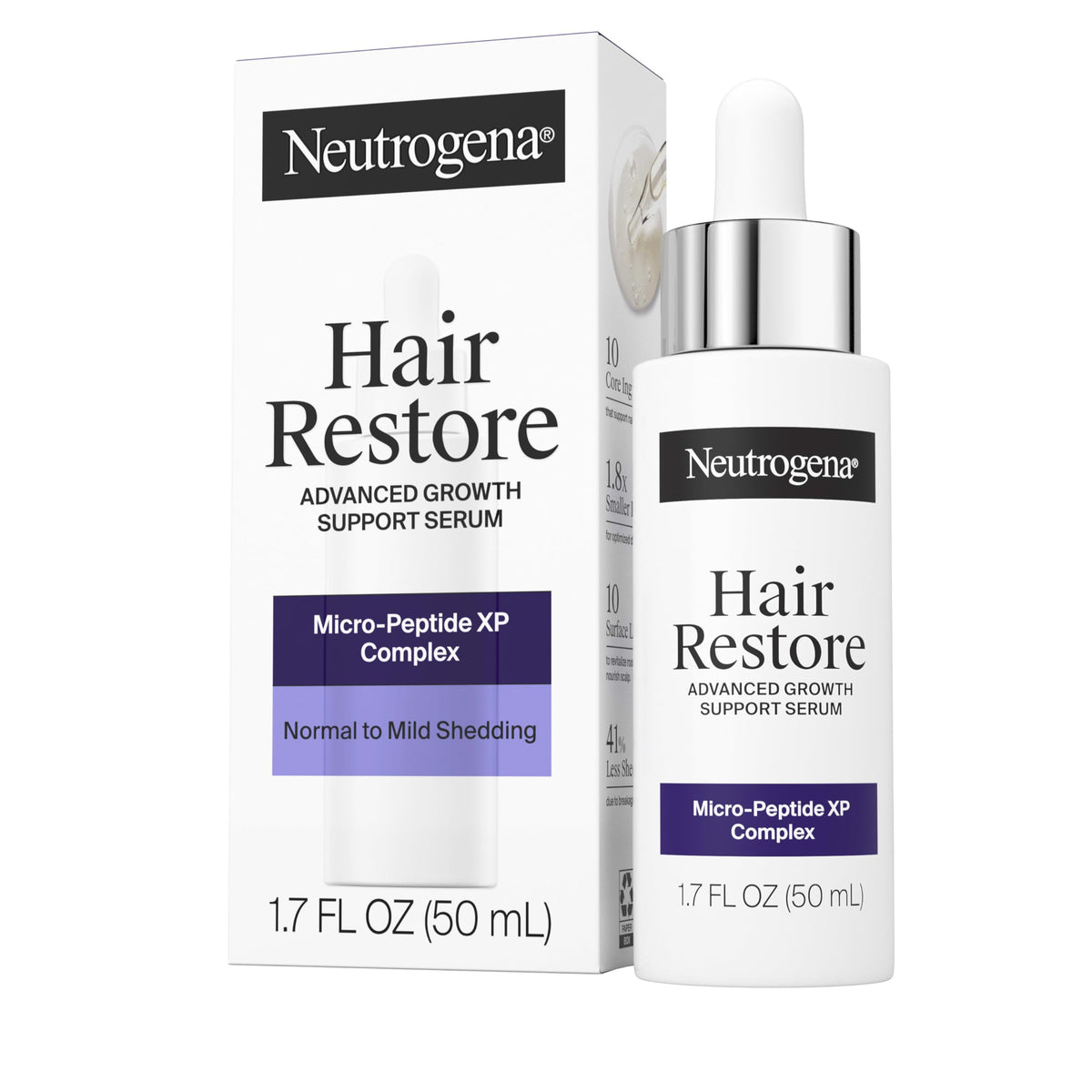 Neutrogena Hair Restore serum bottle pour highlighting micro-peptide XP delivery to revitalize roots
