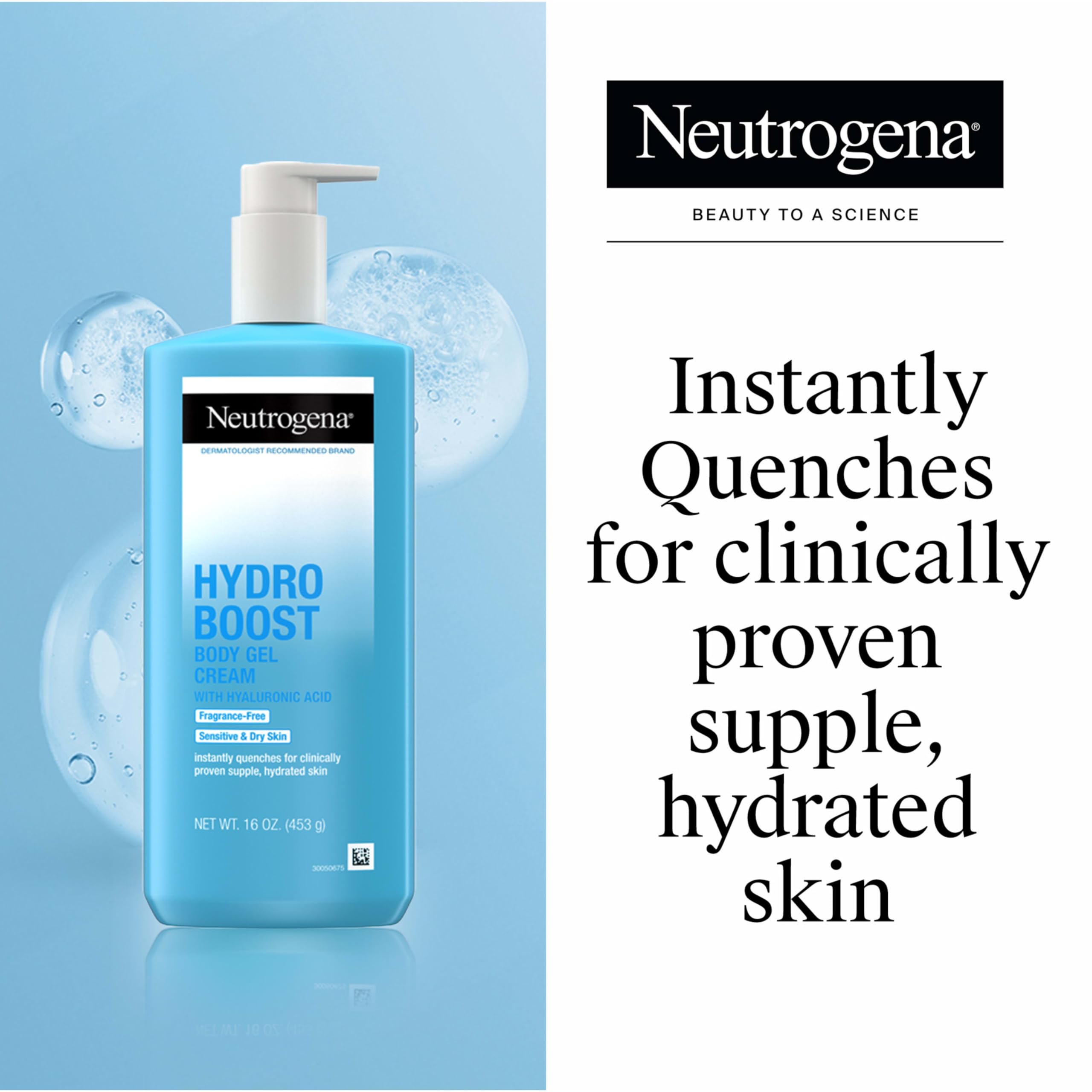 Neutrogena Hydro Boost, aplicación rápida, textura ligera que se absorbe rapidamente para piel seca.