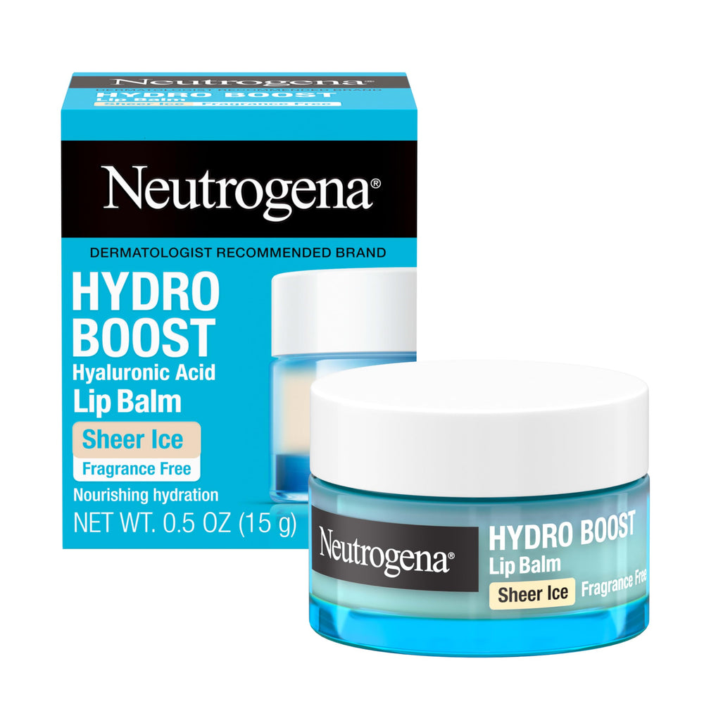 Bálsamo labial Neutrogena Hydro Boost con envase de vidrio 0.5 oz para hidratación diaria.