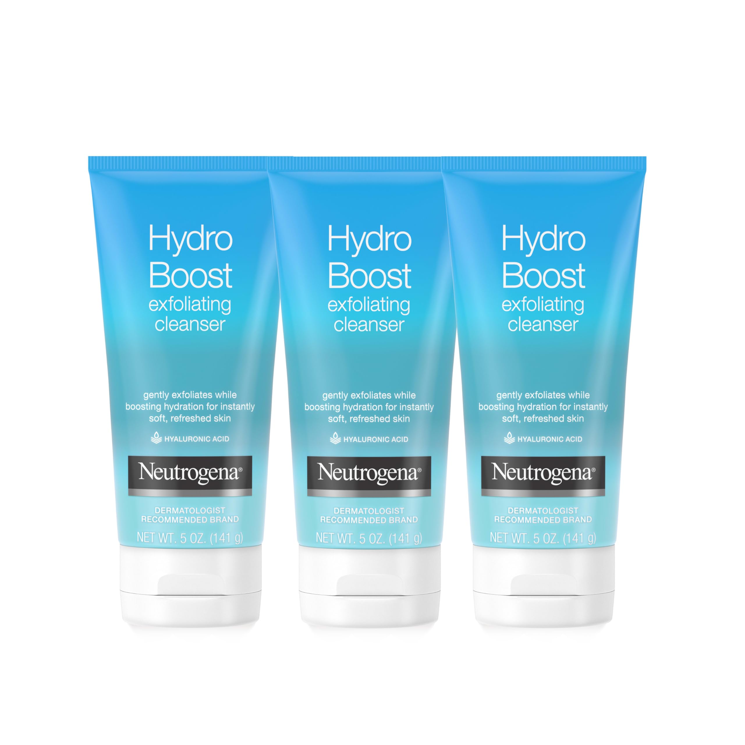 Neutrogena Hydro Boost exfoliating face wash tube for daily hydration and gentle cleansing.