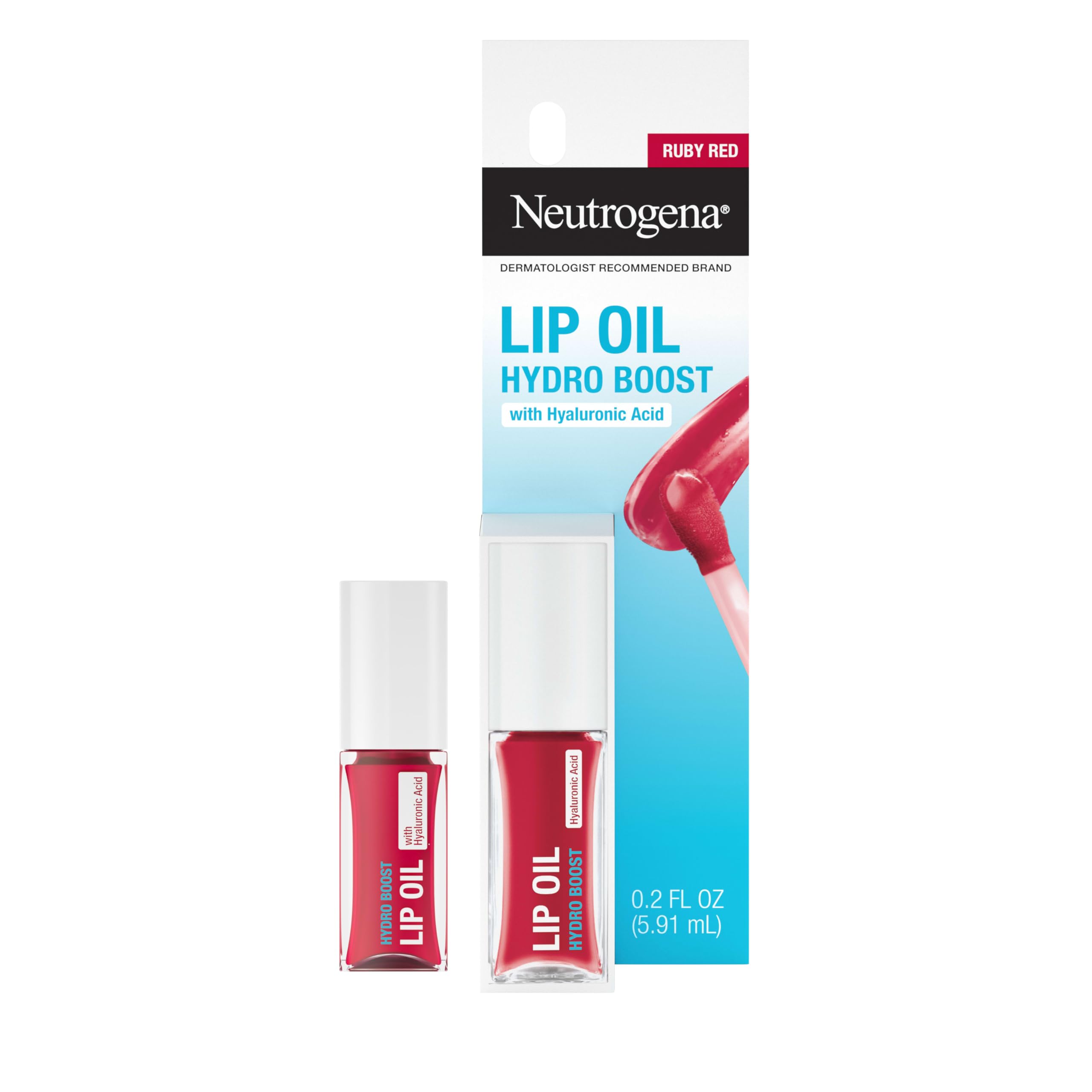 Ruby Red lip oil swatch showing a tinted glossy finish for everyday wear.