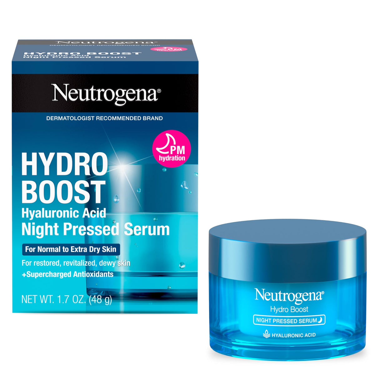Neutrogena Hydro Boost Night Pressed Serum en envase centrado para hidratación nocturna.