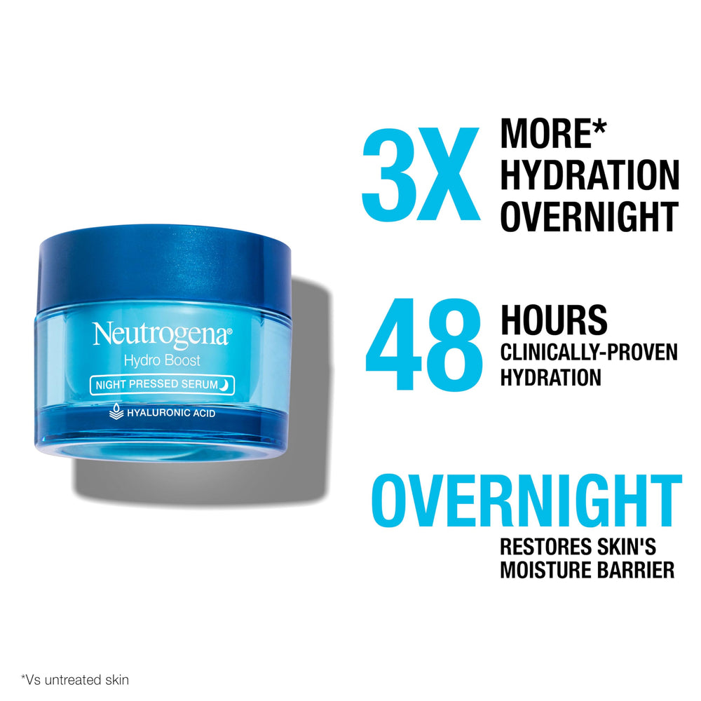 Neutrogena Hydro Boost Night Pressed Serum etiqueta legible y fragancia suave.