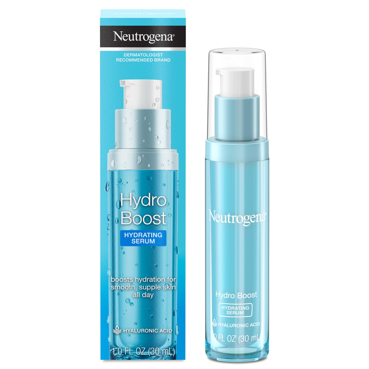 Neutrogena Hydro Boost serum bottle front view showing hydrating formula.