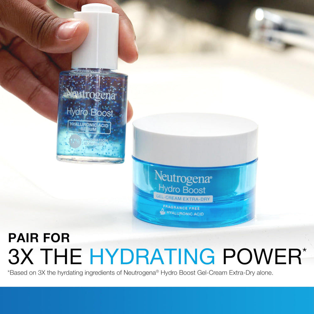 Rostro y cuello reciben hidratación continua con Neutrogena Hydro Boost Serum.