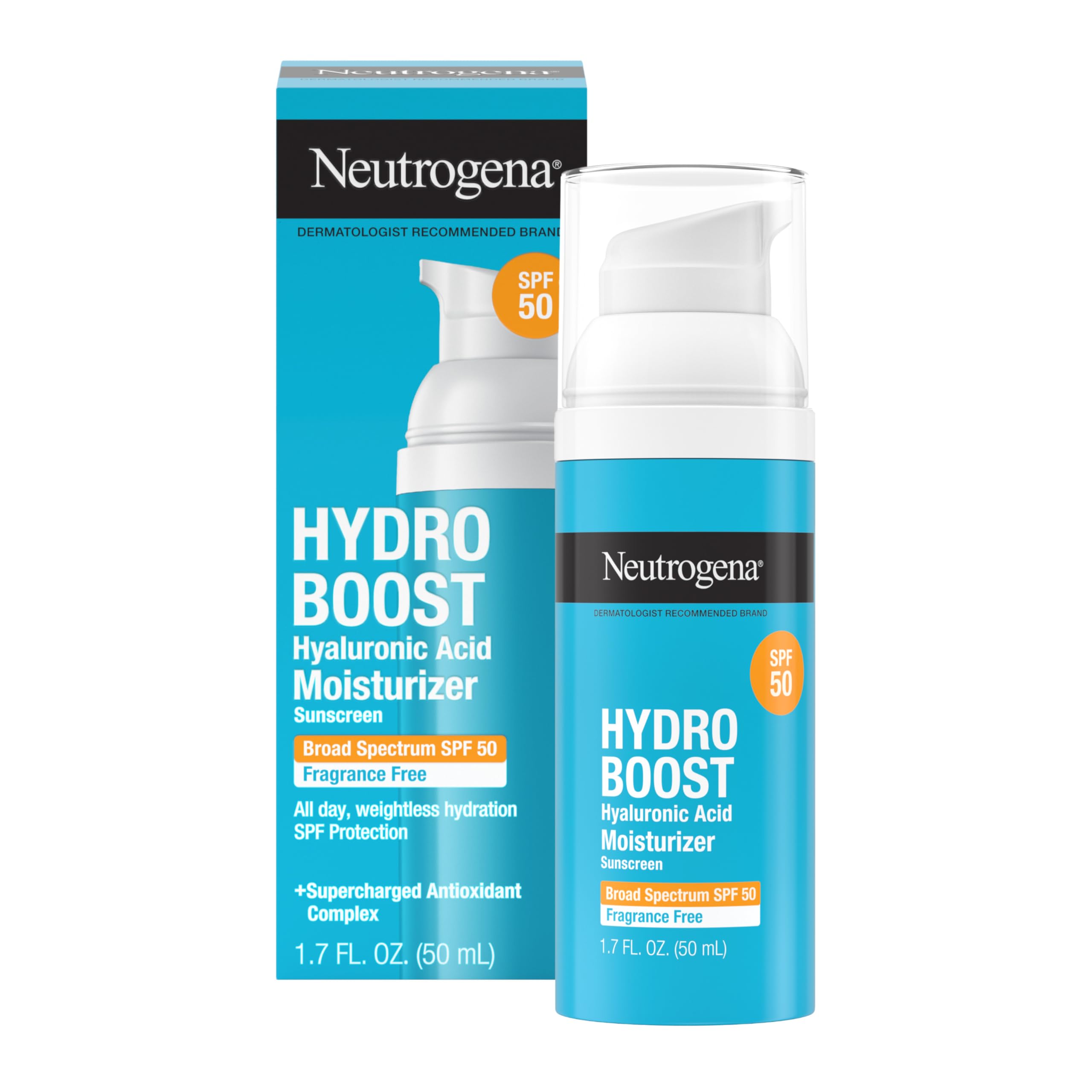 Neutrogena Hydro Boost SPF 50 front label showing fragrance-free hydration and broad protection