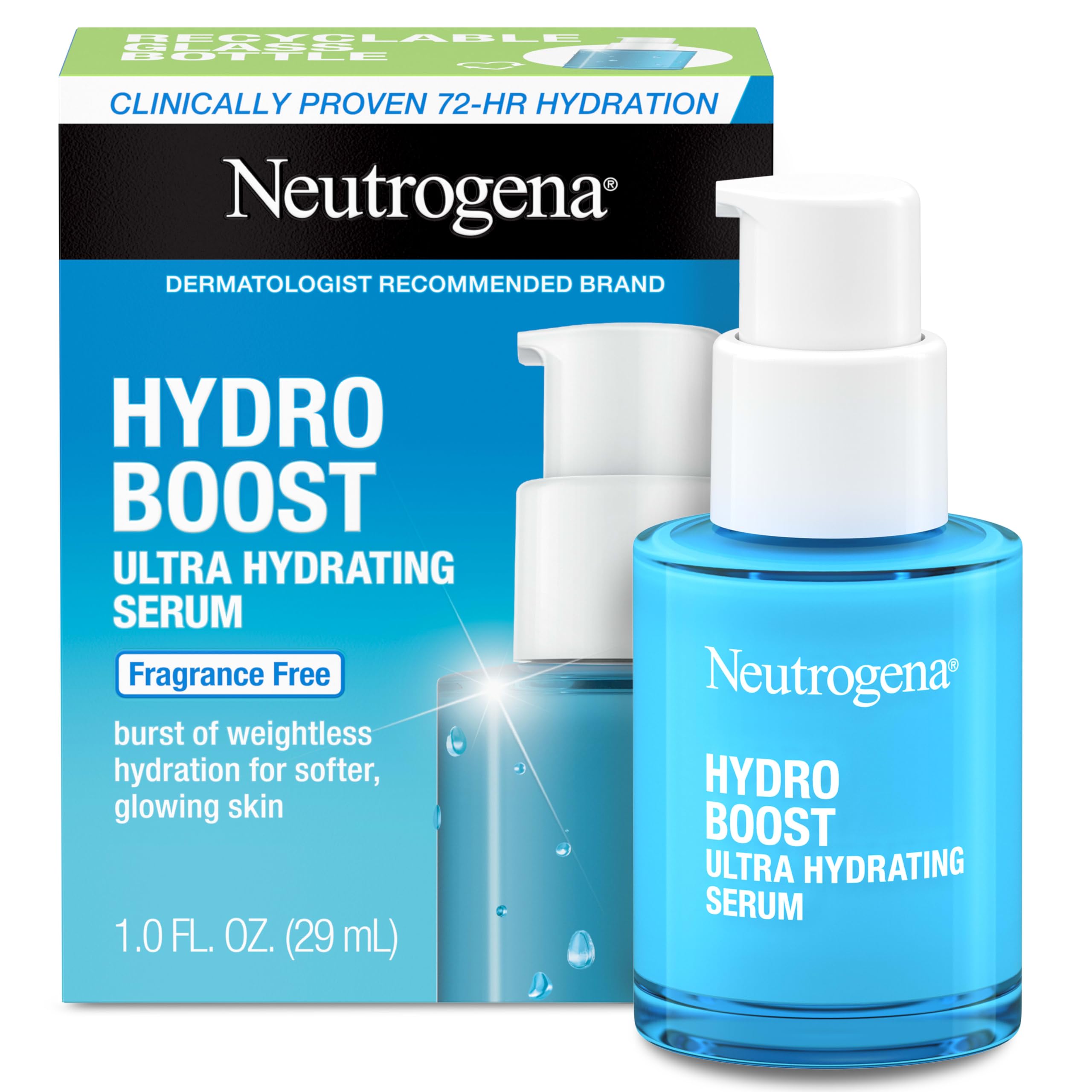 Neutrogena Hydro Boost Serum, botella de vidrio reciclable, hidratación profunda para piel seca