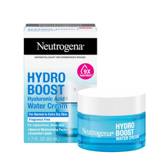 Neutrogena Hydro Boost water cream jar shown for fragrance-free hydration suitable for all skin types.