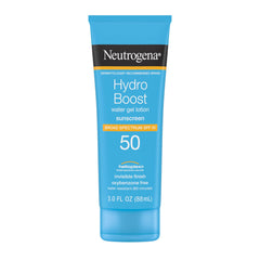 Neutrogena Hydro Boost Water Gel Sunscreen SPF 50 bottle with lightweight, non-greasy protection.