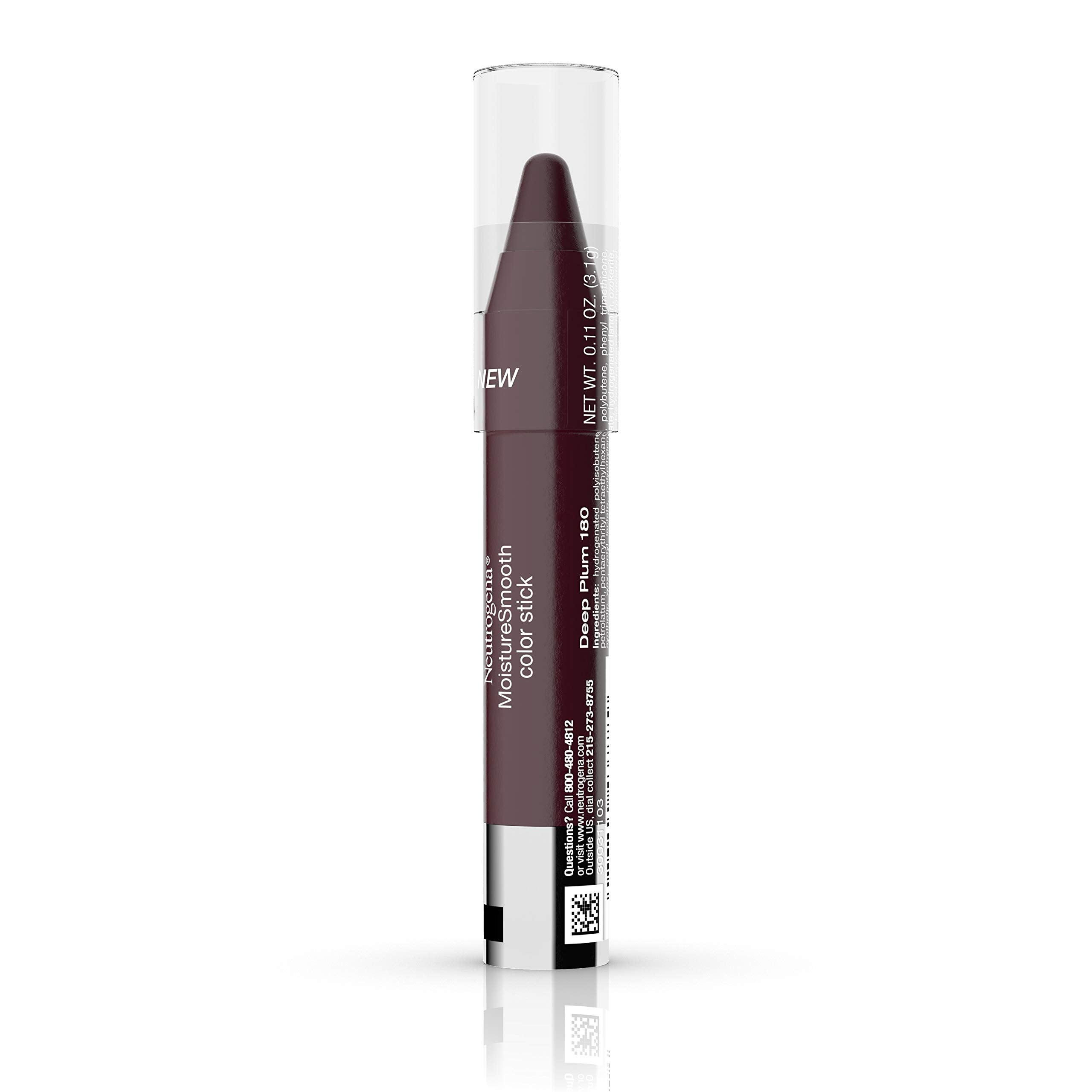 Neutrogena MoistureSmooth Deep Plum lip color swatch showing sheer to bold finishes.