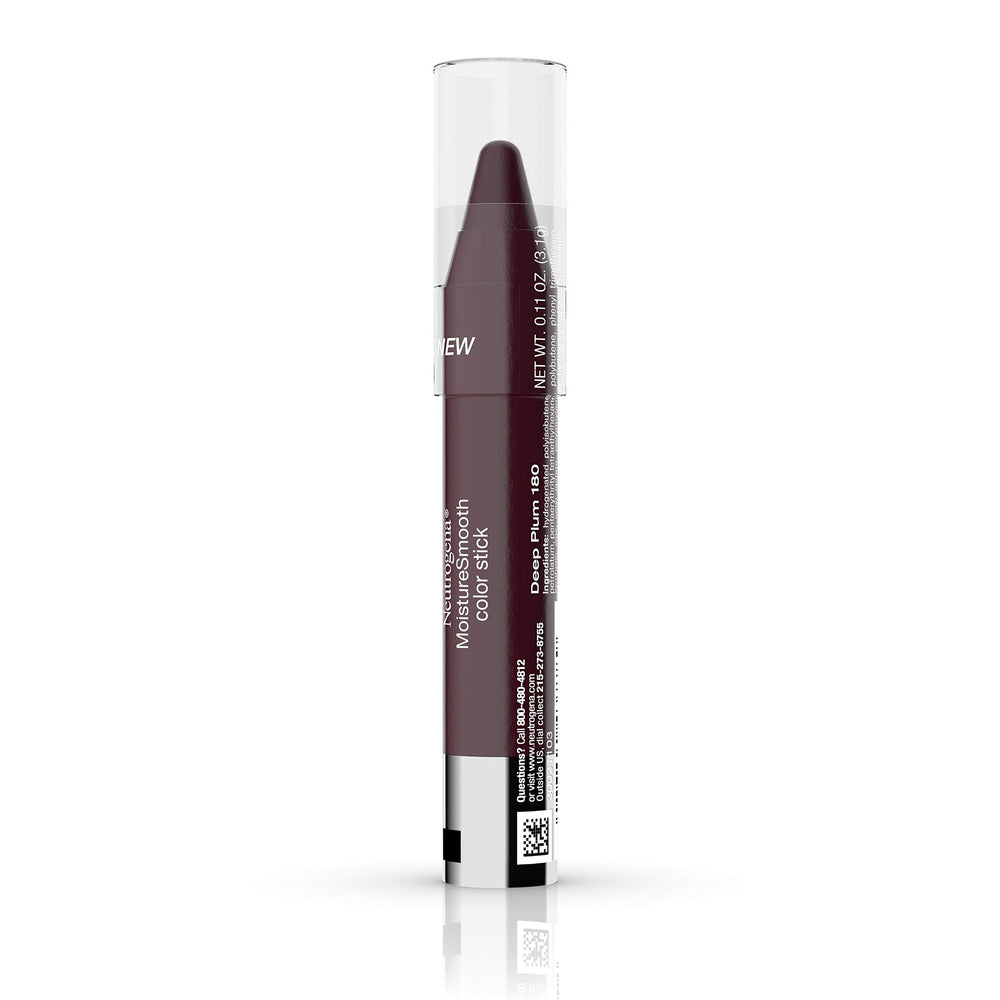 Neutrogena MoistureSmooth Deep Plum lip color swatch showing sheer to bold finishes.