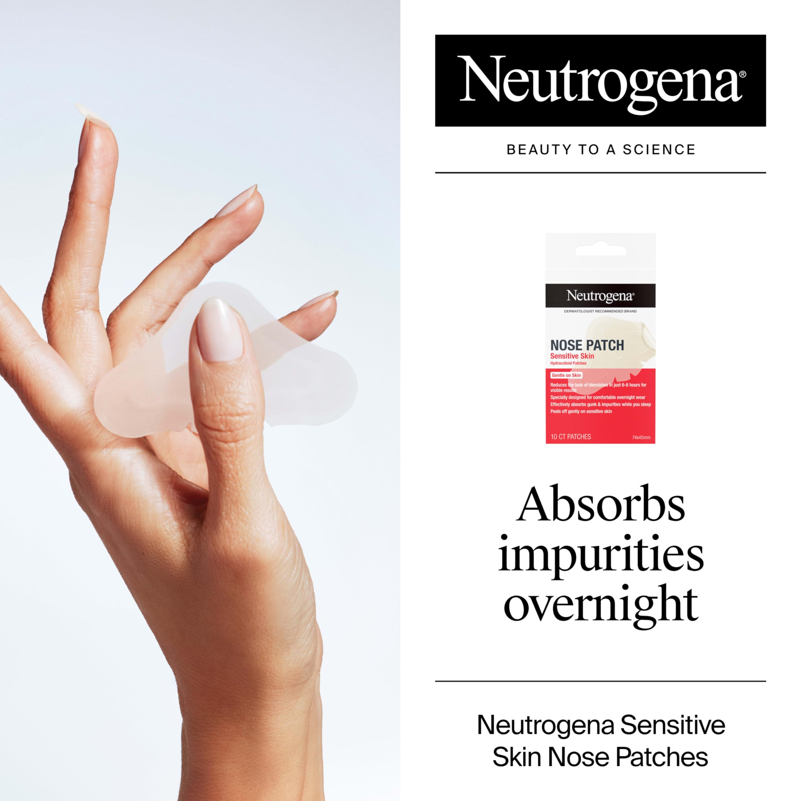 Parche nasal Neutrogena usado nocturno colocado sobre la nariz, fácil de aplicar.