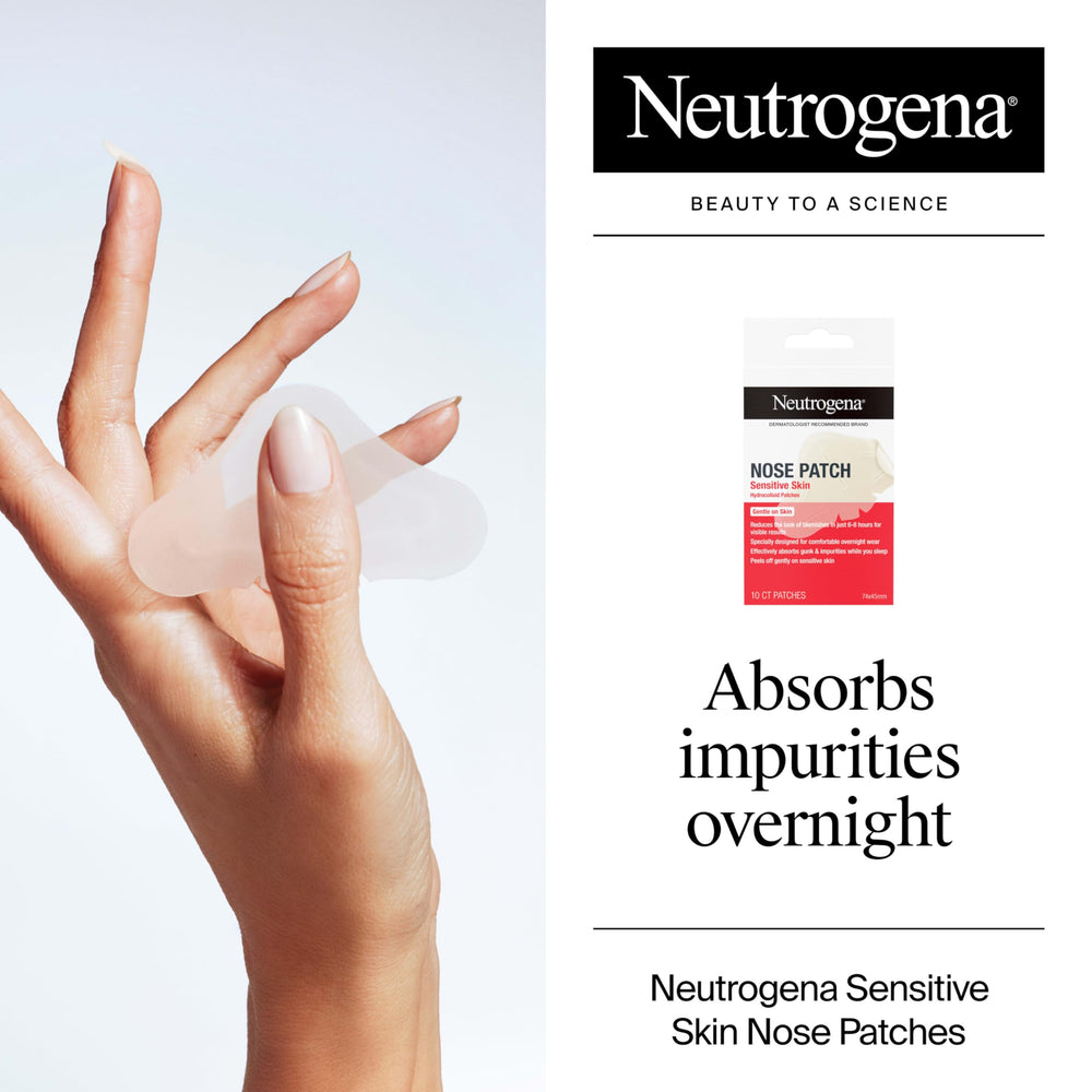 Parche nasal Neutrogena usado nocturno colocado sobre la nariz, fácil de aplicar.