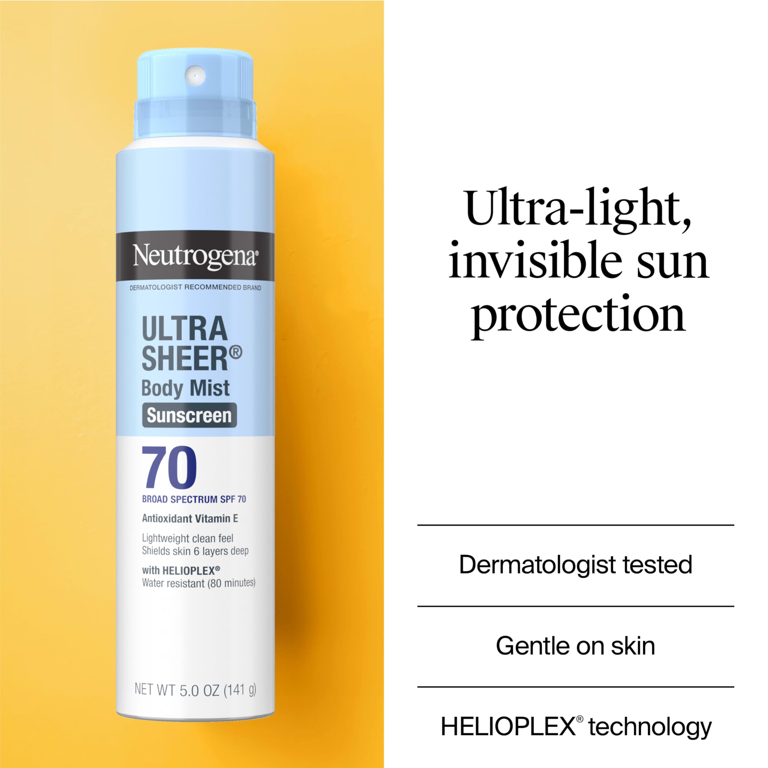 Protector solar en aerosol Neutrogena SPF 70: acabado ligero.