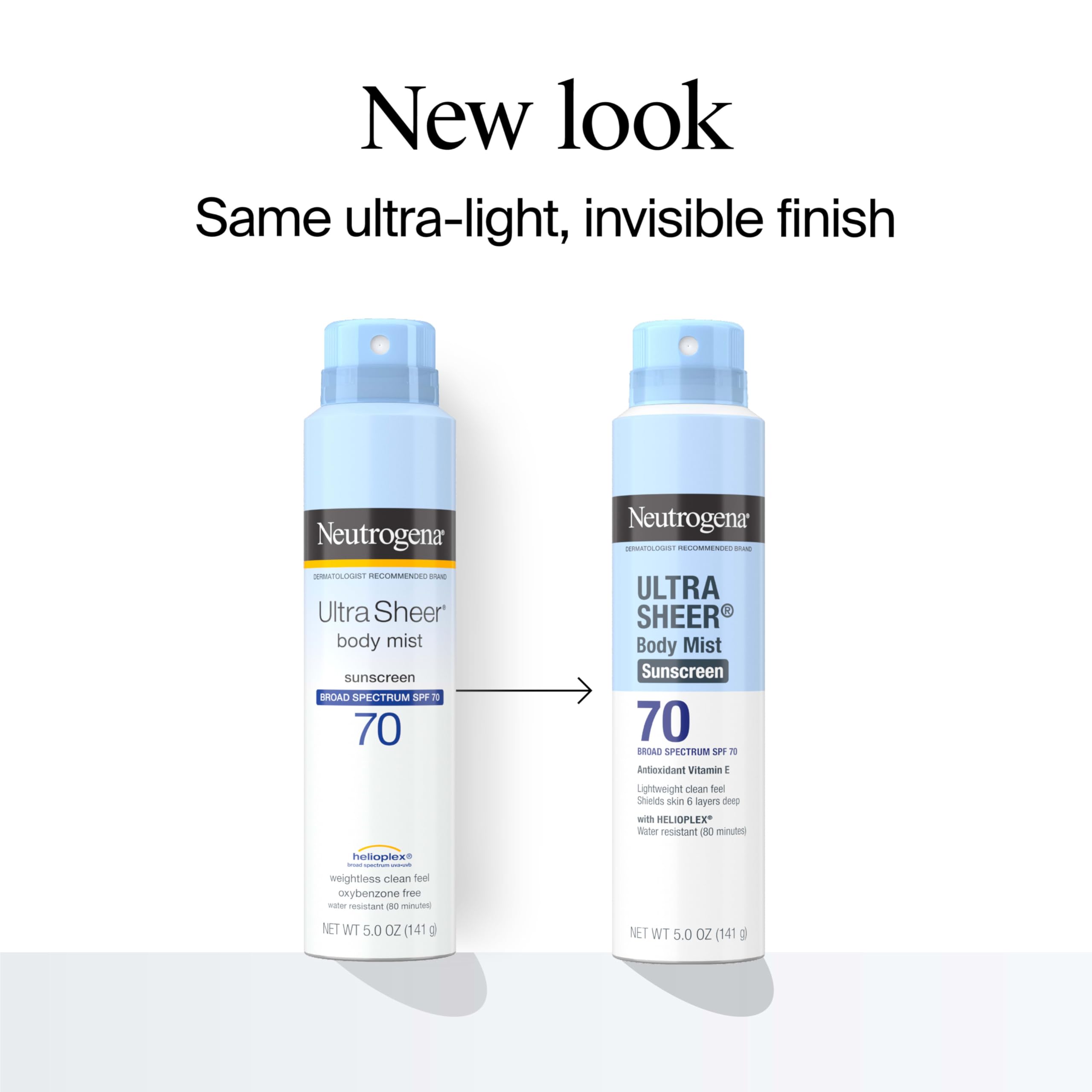 Protector solar en aerosol Neutrogena SPF 70: aplicación suave en la piel.