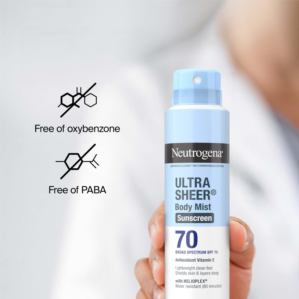 Protector solar en aerosol Neutrogena SPF 70: uso diario al aire libre.
