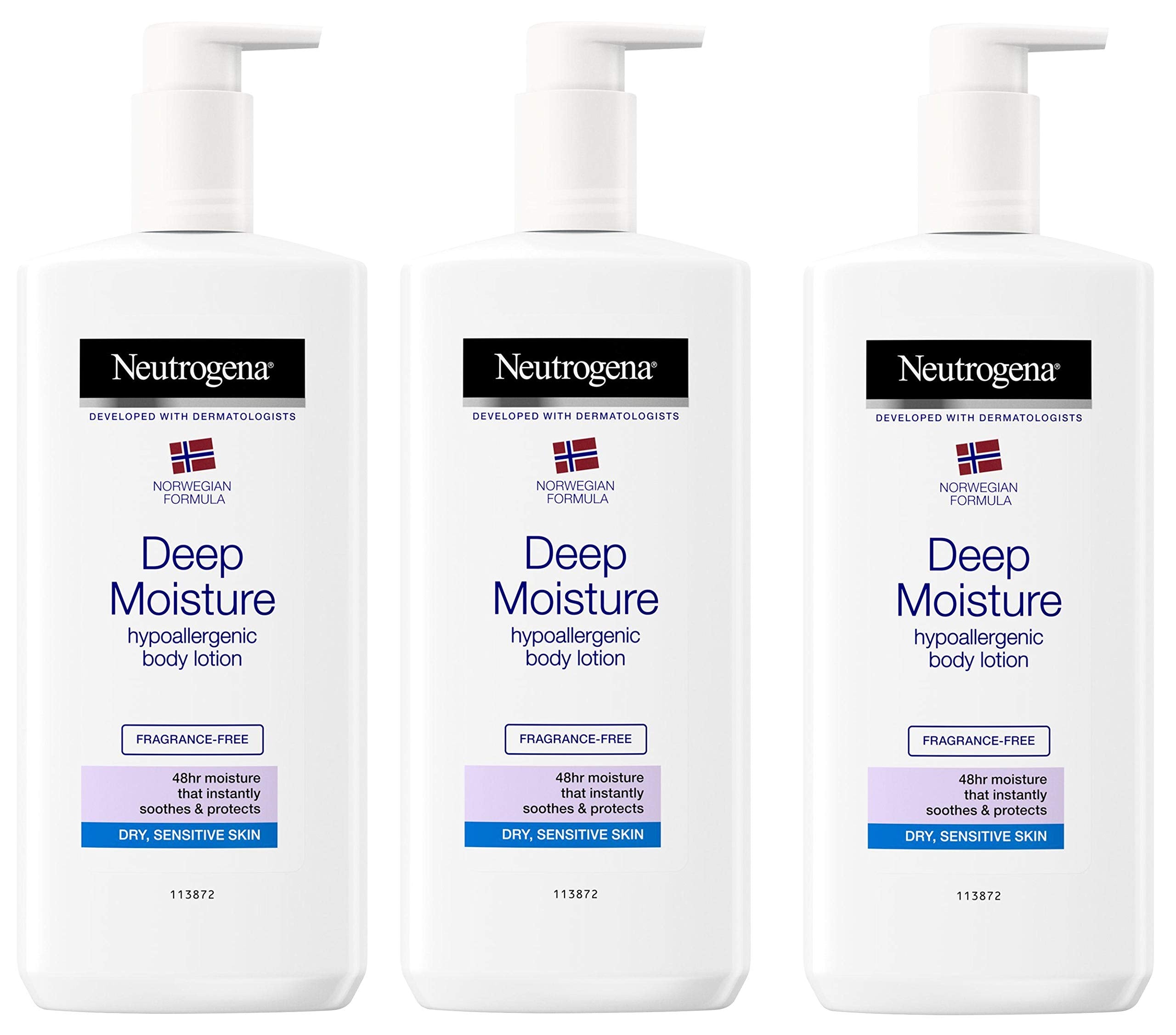 Neutrogena Deep Moisture bottle highlighting long-lasting hydration for dry skin.