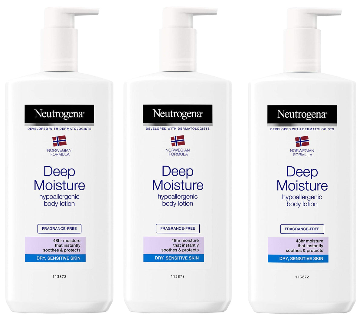 Neutrogena Deep Moisture bottle highlighting long-lasting hydration for dry skin.