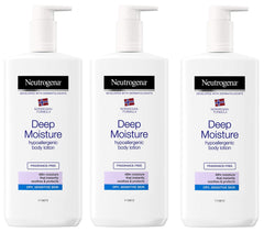 Neutrogena Deep Moisture bottle highlighting long-lasting hydration for dry skin.
