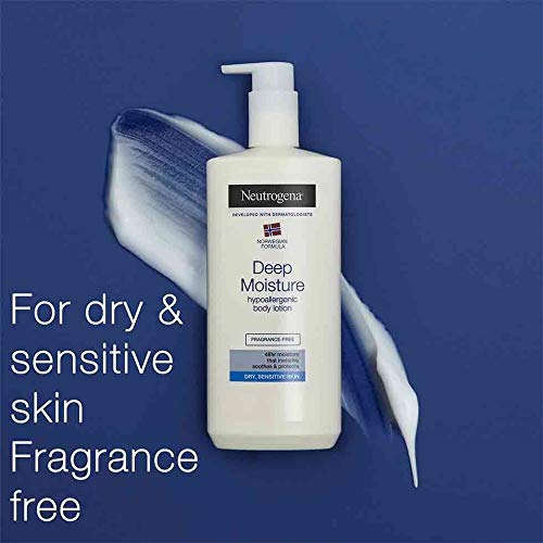 Three-pack of Neutrogena Deep Moisture bottles for ongoing dry-skin care.