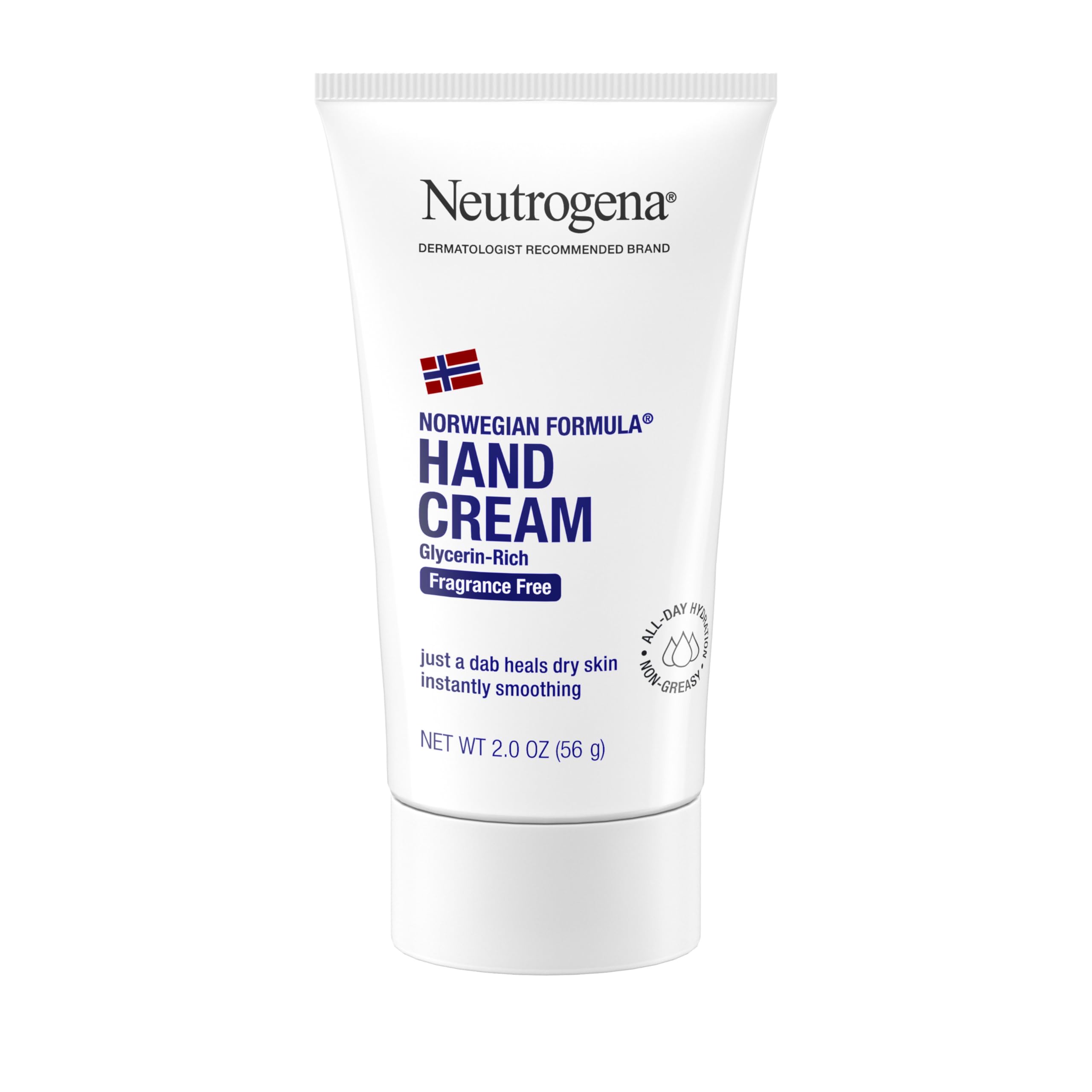 Neutrogena Norwegian Formula hand cream tube close-up, fragrance-free for sensitive skin.