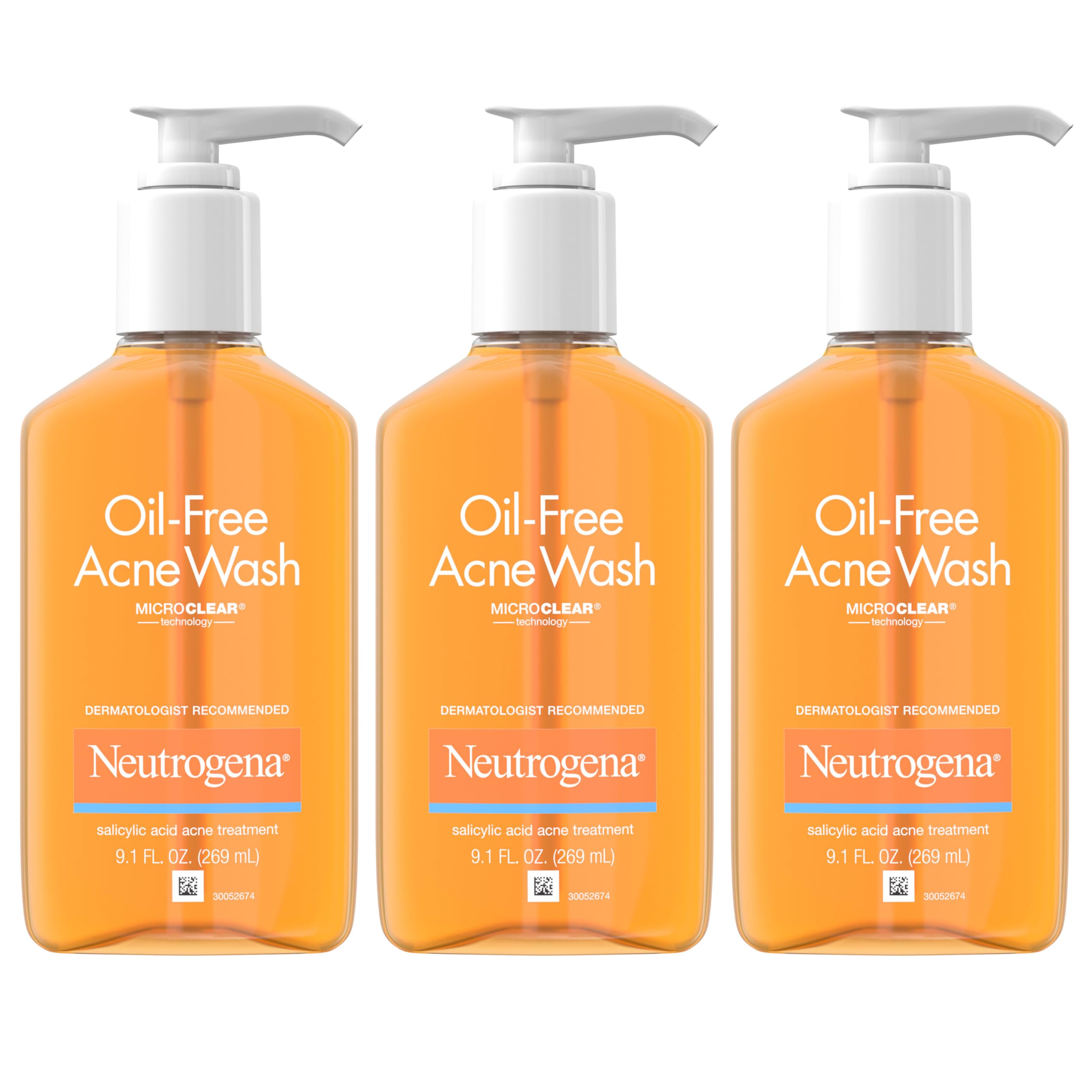 Neutrogena Oil-Free Acne Wash bottle front view illustrating oil-free, deep-clean formula.