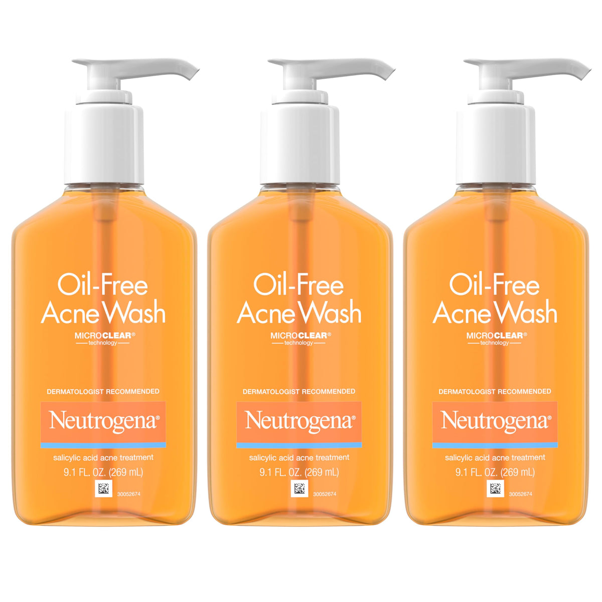 Neutrogena Oil-Free Acne Wash bottle front view illustrating oil-free, deep-clean formula.