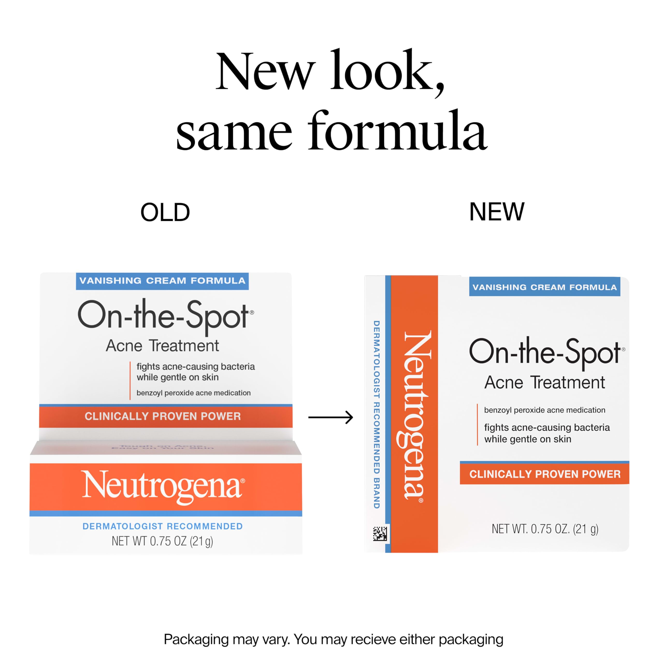 Neutrogena On-The-Spot bottle closeup, concentrated benzoyl peroxide for fast blemish control.