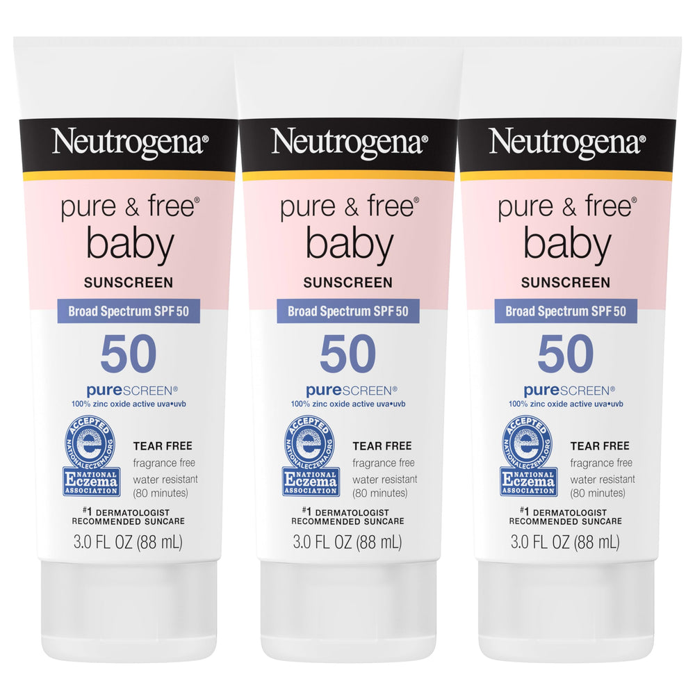 Neutrogena Pure & Free baby sunscreen tubes SPF 50 protect delicate skin.
