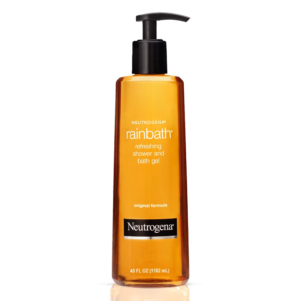 Neutrogena Rainbath 40oz mega-size bottle on a bathroom counter for refreshing daily cleansing.
