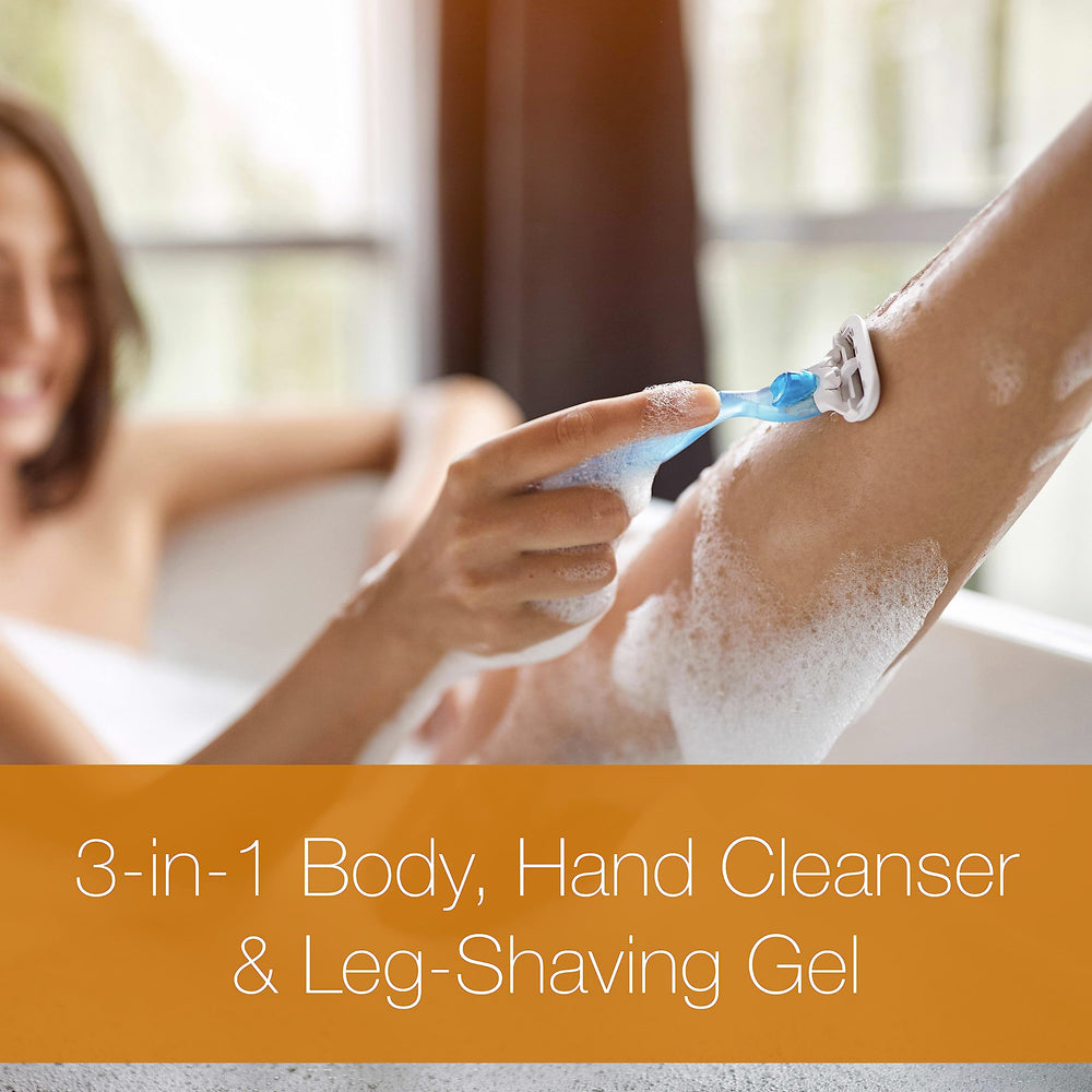 Neutrogena Rainbath shaving gel application on damp skin for smooth prep.