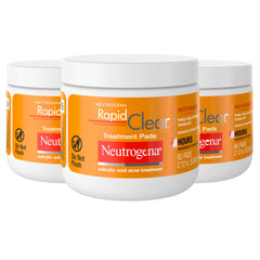 Neutrogena Rapid Clear pads box shows three-pack packaging for quick, oil-free acne care