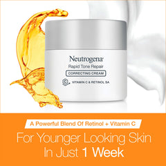 Neutrogena Rapid Tone Repair jar side highlights premium retinol and vitamin C in a dense cream.