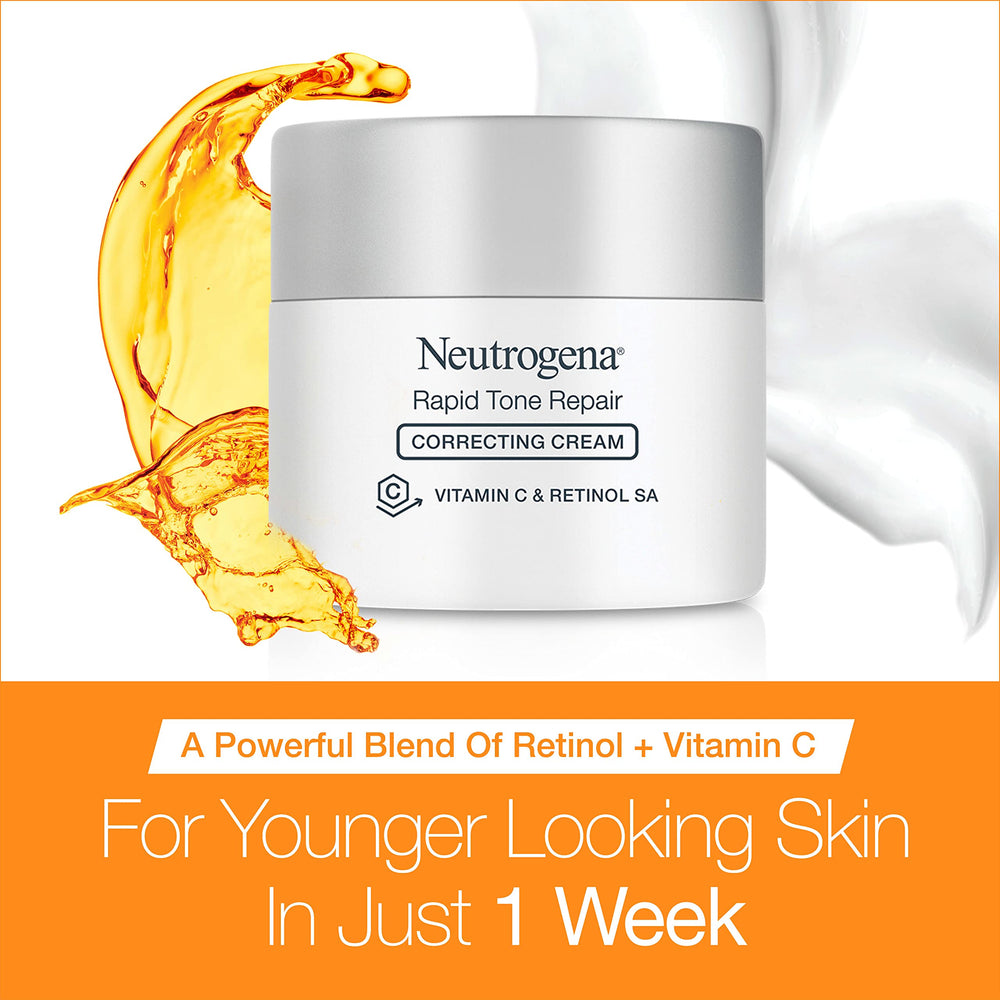 Close-up of Neutrogena Rapid Tone Repair with vitamin C and retinol infusion for healthy glow.