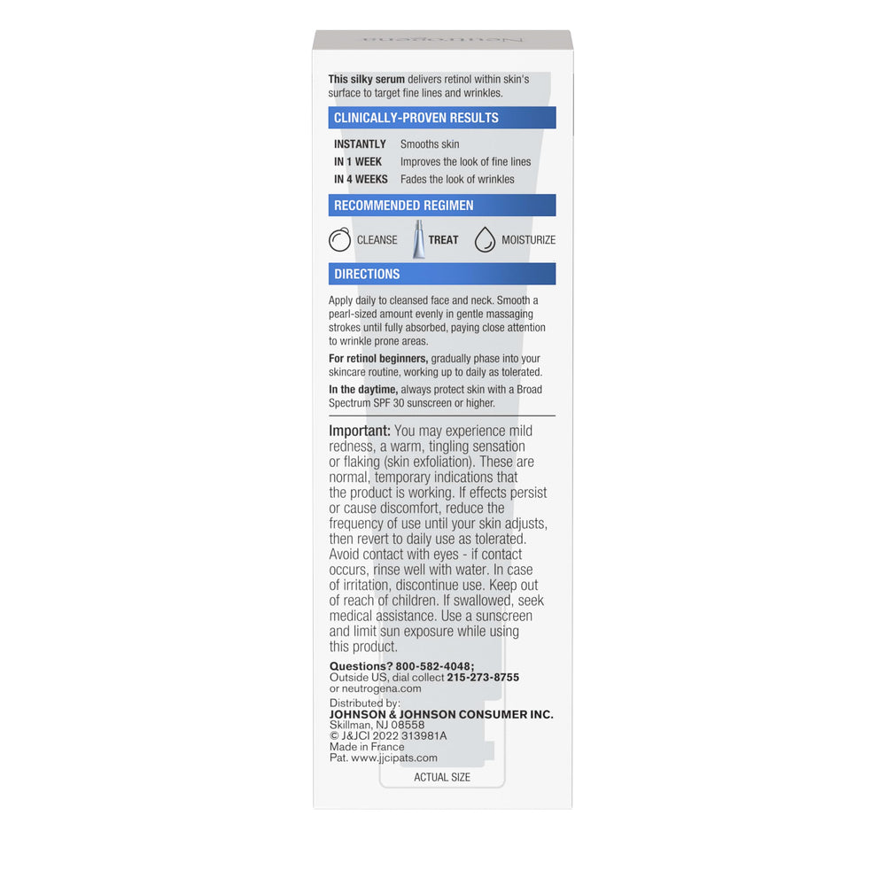 Neutrogena Rapid Wrinkle Repair serum box and label communicates dermatologist-backed formula