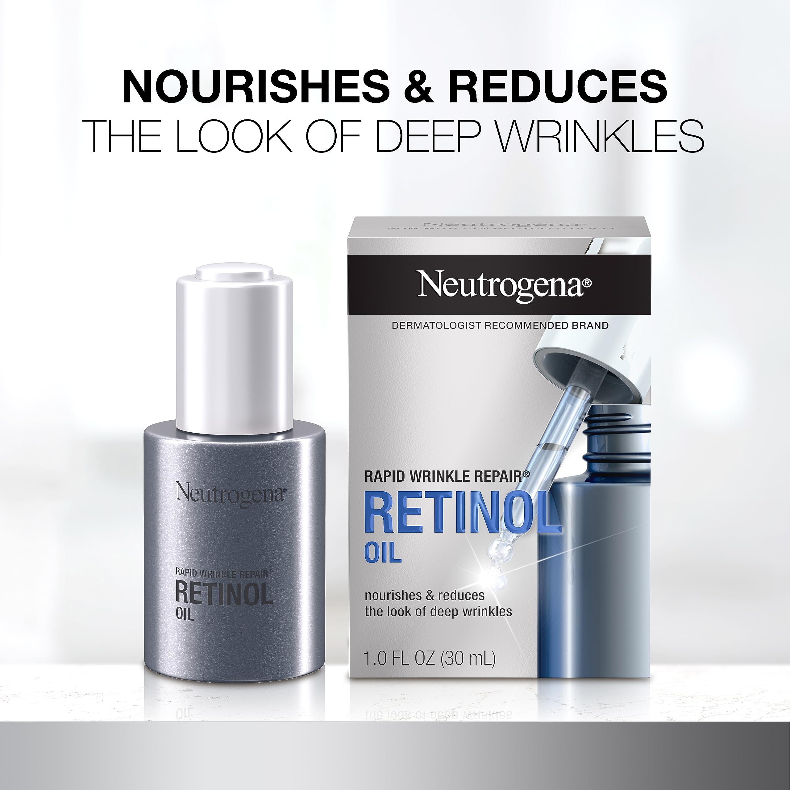 Close-up of Neutrogena retinol oil texture, lightweight and fast-absorbing