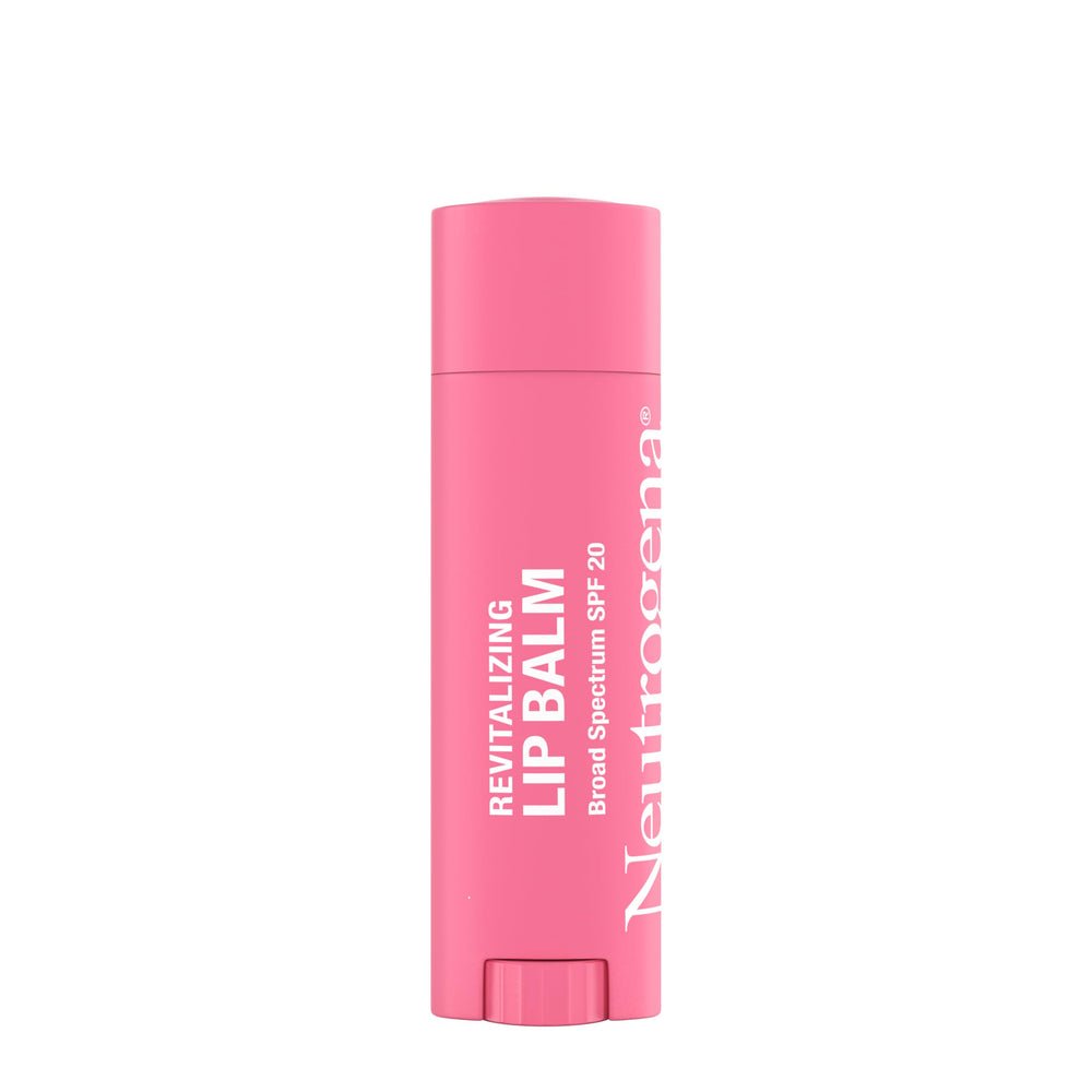 Closeup of Neutrogena Revitalizing Tinted Lip Balm application shows smooth texture and rosier lips with SPF 20.