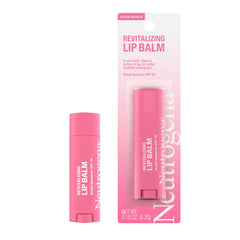 Packaging closeup of Neutrogena Revitalizing Tinted Lip Balm highlights SPF 20 and sheer tint.