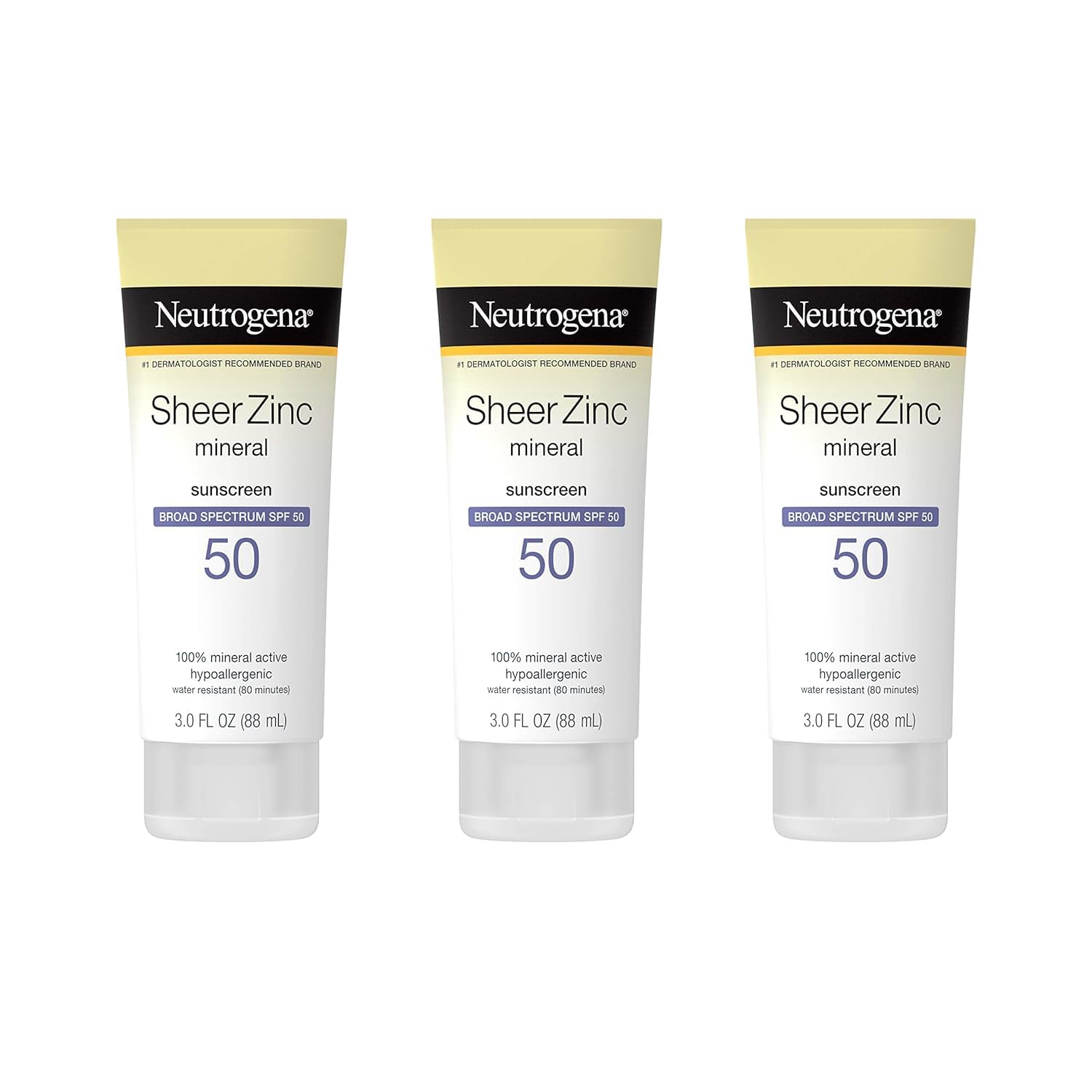 Neutrogena Sheer Zinc Dry-Touch Lotion SPF 50 for sensitive skin with non-greasy, water-resistant protection.
