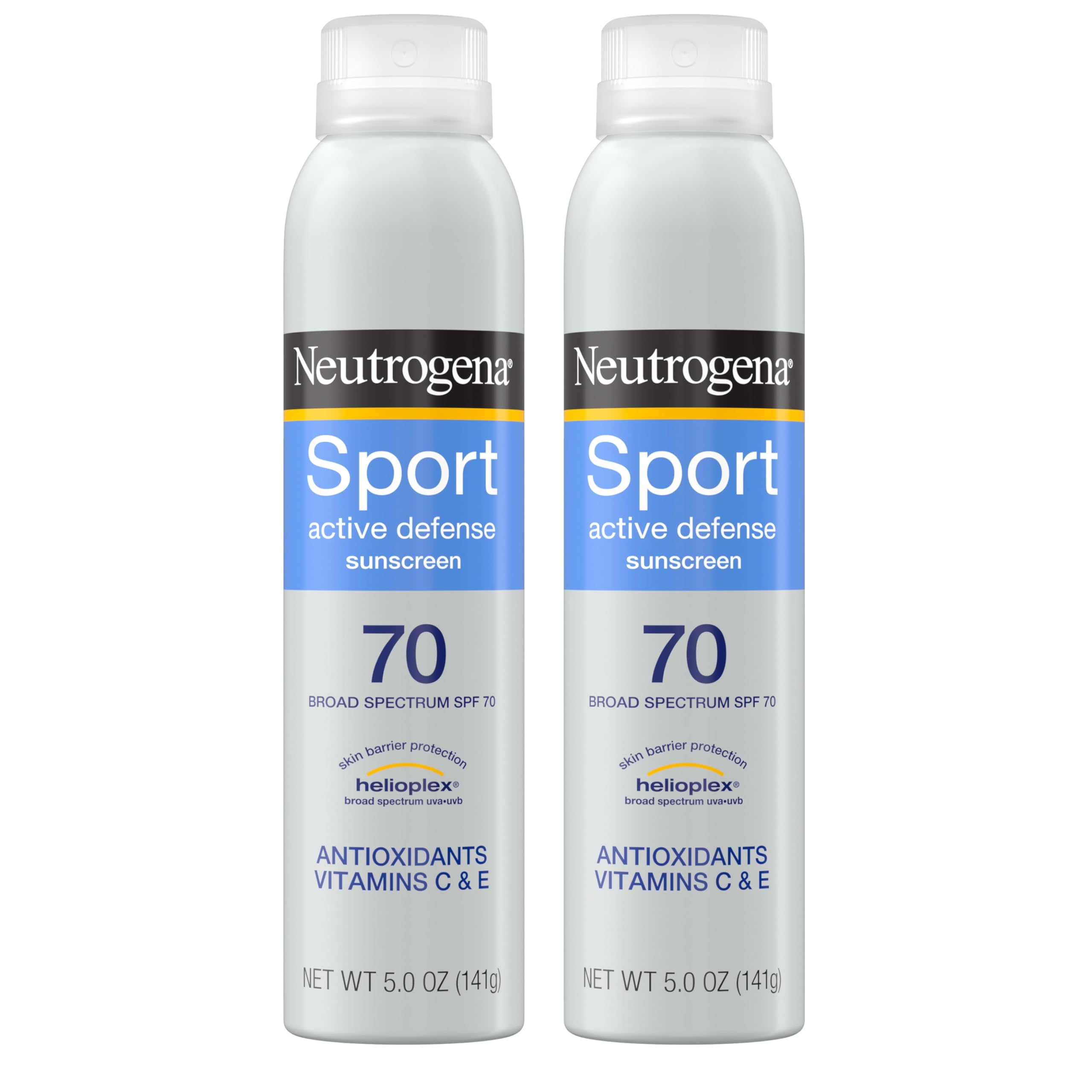 Neutrogena Sport Active Defense SPF 70 spray bottle front view for outdoor sun protection.