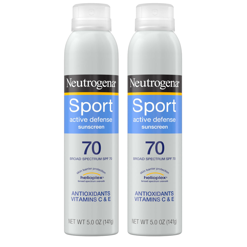 Neutrogena Sport Active Defense SPF 70 spray bottle front view for outdoor sun protection.