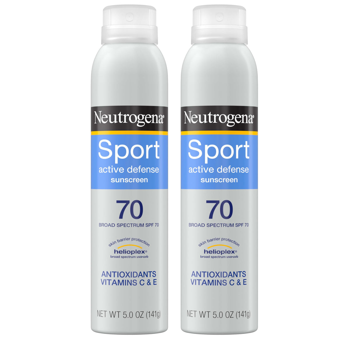 Neutrogena Sport Active Defense SPF 70 spray bottle front view for outdoor sun protection.