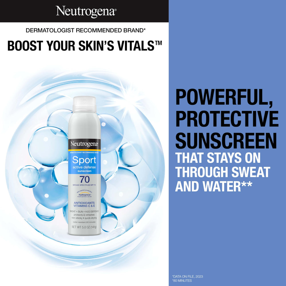 Neutrogena Sport Active Defense SPF 70 spray being used during sports activities.